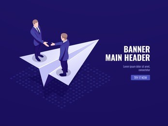 startup icon, concept of business deal successful strategy plan, two businessmen stay on paper aircraft isometric vector dark neon