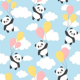seamless panda pattern background, happy cute panda flying in the sky between colorful balloons and clouds, cartoon panda bears vector illustration for kids