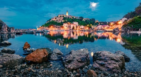 splendid evening cityscape of vrbnik town. great summer seascape of adriatic sea, krk island, kvarner bay archipelago, croatia, europe. beautiful world of mediterranean countries. 