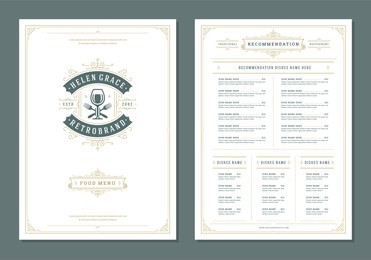 restaurant menu design and logo vector brochure template. wine glass illustration and ornament decoration.