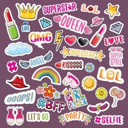 pop art fashion girls party patchs, color stickers, badges and funky labels  set isolated on violet background. social media pattern with different design elements and cartoon kids stickers