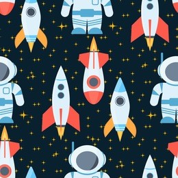 rocket space globe solar system and planet cosmos sky seamless pattern background vector illustration. flight spacecraft astronaut exploration travel shuttle. cosmonaut spaceman rocketship.