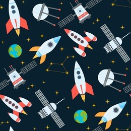 rocket space globe solar system and planet cosmos sky seamless pattern background vector illustration. flight spacecraft astronaut exploration travel shuttle. cosmonaut spaceman rocketship.