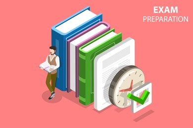 flat isometric vector concept of exam preparation, school test, examination, checklist, education.