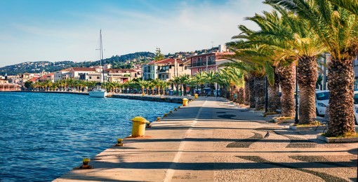 panoramic spring cityscape of argostoli port. colorful morning scene of kefalonia island, greece, europe. beautiful seascape of ionian sea. traveling concept background.