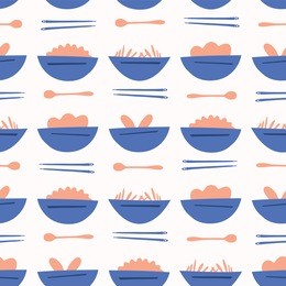 asian food soup bowl vector pattern seamless, hand drawn chopstick bowl spoon llustration for menus, dinner party invitations, restaurant tableware decor, food blog backgrounds, silhouette blue orange
