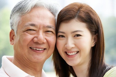 portrait of chinese father with adult daughter in park
