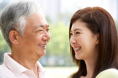portrait of chinese father with adult daughter in park