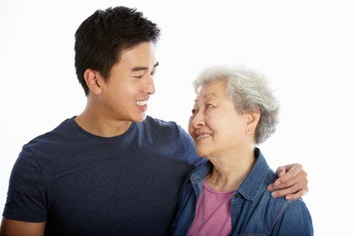 studio portrait of chinese mother with adult son