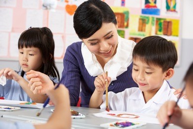 teacher helping students during art class in chinese school classroom
