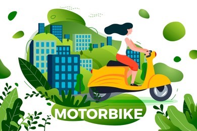 vector illustration - girl riding on motorbike. park, city, trees and hills on background. banner, site, poster template with place for your text.