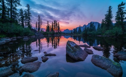 lake in the mountains, sunset, mountain landscape, special filter