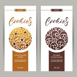 vector set of templates packaging sweets, label, banner, poster, identity, branding.  stylish design for baked goods with ornamental illustration - chocolate and chocolate chips oatmeal cookies
