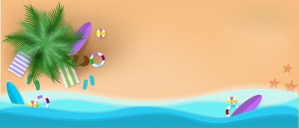 summer, beach, background, vector, paper, art, sea, illustration, cut, pastel, top, concept, view, origami, sand, vacation, design, craft, element, umbrella, relax, sun, surfboard, style, travel, grap