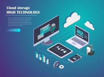 data cloud storage network isometric vector illustration. computer, laptop, mobile phone,tablet, hard drive connection on blue background. header design for website.