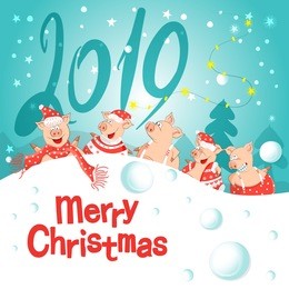 vector illustration of happy new year! pigs-a symbol of the chinese new 2019. for posters, banners, postcards, sales and other winter events. style of comics, cartoons. christmas card