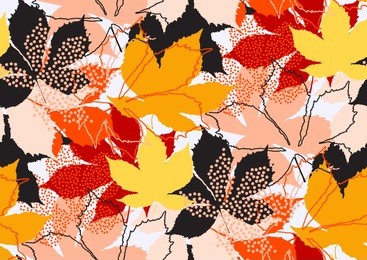 fall leaves seamless pattern with gold glitter texture. vector illustration for stylish background, banner, textile, wrapping paper design. black, white, pink, orange, red, yellow, golden colors.
