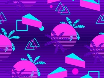 memphis seamless pattern with palm tree. geometric elements memphis in the style of 80s. synthwave futuristic background. retrowave. vector illustration