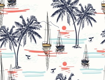 beautiful tropical vector seamless pattern background with coconut palm trees, sailboat silhouettes, sun, mountaines, whale tails.  isolated on white background. the summer beach surfing illustration
