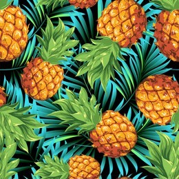 pineapples. seamless pattern from tropical fruit and palm leaves. vector image.