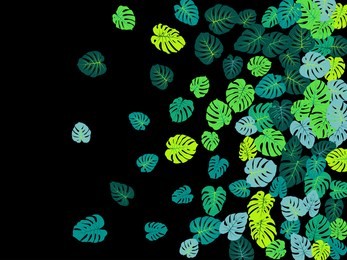 teal tropical jungle leaves vector scatter. philodendron or monstera plant summer background. hawaiian jungle plants tropical foliage pattern. greenery vector with monstera leaves on black.