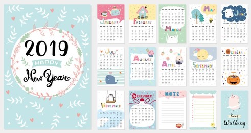 cute calendar for 2019. vector illustration