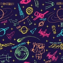  space doodle illustration. vector illustration. pattern with cartoon space rockets, planets, stars, slogans