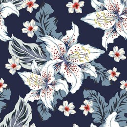 tropical white lily, plumeria red flowers and gray palm leaves, navy background. vector seamless pattern. jungle foliage illustration. exotic plants. summer beach floral design. paradise nature