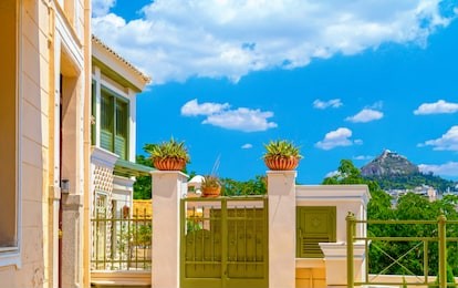 architectural details from the narrow streets of anafiotika, a traditional village in athens, the greek capital. old neighborhood on the slopes of acropolis, greece.