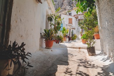 architectural details from the narrow streets of anafiotika, a traditional village in athens, the greek capital. old neighborhood on the slopes of acropolis, greece.