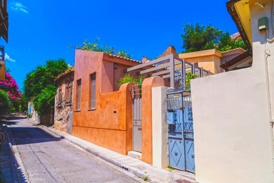 architectural details from the narrow streets of anafiotika, a traditional village in athens, the greek capital. old neighborhood on the slopes of acropolis, greece.