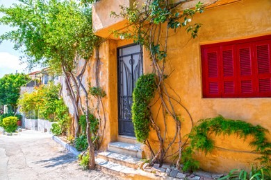 architectural details from the narrow streets of anafiotika, a traditional village in athens, the greek capital. old neighborhood on the slopes of acropolis, greece.