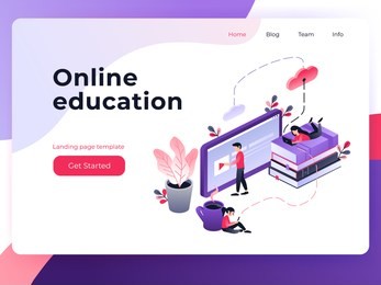 online training, workshops and courses visualization flat 3d web isometric concept vector landing page template. small people look at the screen and using cloud technology. vector illustration
