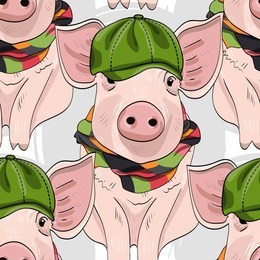 vector seamless pattern with pigs. pigs with green cap and scarf.