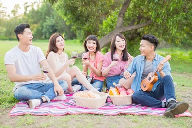 people smile happy enjoy red wine and go on a picnic