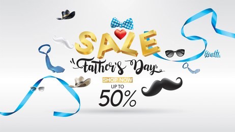 happy father's day, sale creative promotion poster or banner shopping template design with 50% off offers. three dimensional concept vector illustration with lettering background