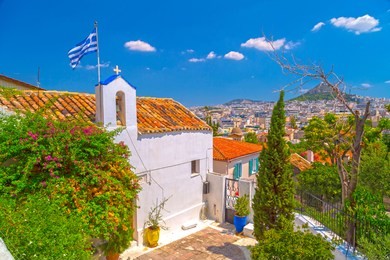 architectural details from the narrow streets of anafiotika, a traditional village in athens, the greek capital. old neighborhood on the slopes of acropolis, greece.