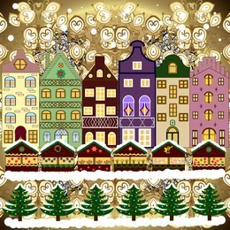 over a white, brown and beige background. holidays. winter is coming. landscape with nature and houses. nature landscape. winter city with trees, cute houses.