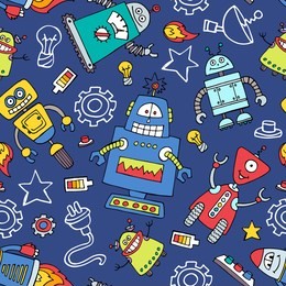 vector seamless pattern with colored robots on blue background. pattern on the theme of technology
