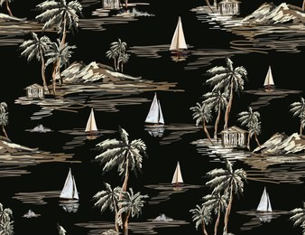beautiful botanical vector seamless pattern background with coconut palm trees, sailboat silhouettes, mountains. isolated on white background