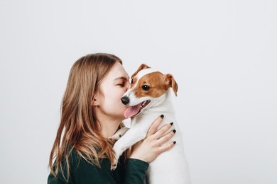 studio portrait of cute young women kissing and hugging her puppy jack tussell terrier dog. love between owner and dog. isolated on white background.