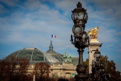 lamp of pont alexandre iii in paris, with grand palais in the background