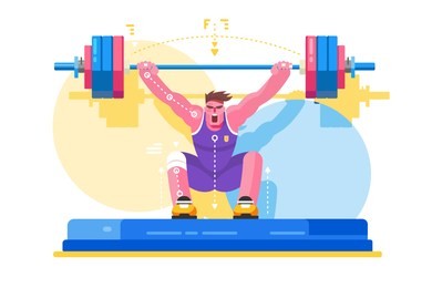weight lifting athlete competitions. strong man in gym lifting heavy barbell. vector illustration
