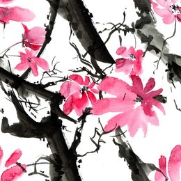 watercolor and ink illustration of blossom tree, branch with red flowers, white background, oriental traditional painting, sumi-e and u-sin style, seamless pattern