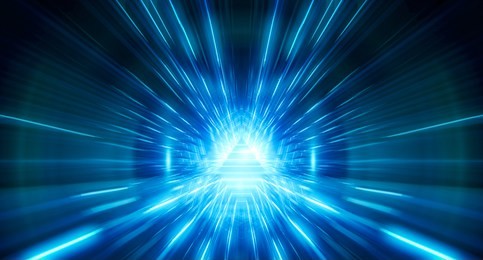 abstract triangle light corridor. futuristic tunnel. future interior background, business, sci-fi science concept. 3d rendering