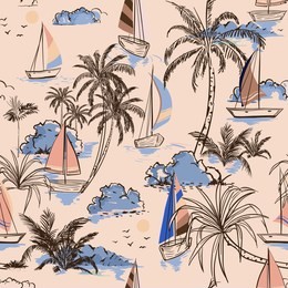 summer vintage beautiful seamless pattern island with boat and windsurf on retro style. landscape with palm trees,beach and ocean vector on hand drawn on light pink color background.