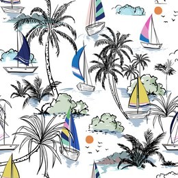 colorful summer beautiful seamless pattern island with boat and windsurf . landscape with palm trees,beach and ocean vector on hand drawn sketch on white color background.