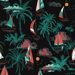 beautiful colorful summer beautiful seamless pattern island with boat and wind surf . landscape with palm trees,beach and ocean vector on hand drawn sketch on black color background.