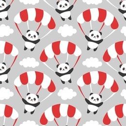 seamless panda pattern background, happy cute panda flying in the sky between colorful paragliding and clouds, cartoon panda bears vector illustration for kids