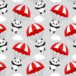 seamless panda pattern background, happy cute panda flying in the sky between colorful parachute and clouds, cartoon panda bears vector illustration for kids